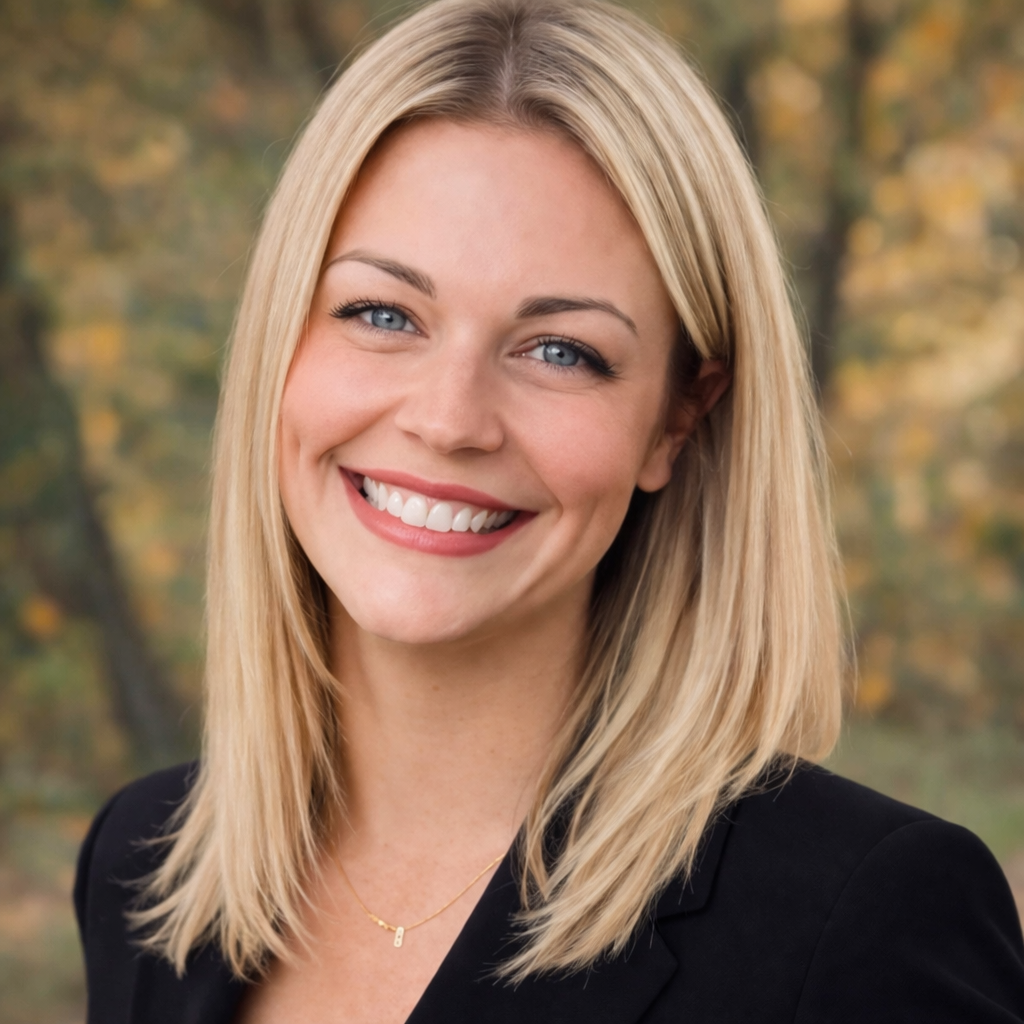 Smiling blonde woman outdoors with autumn foliage background.